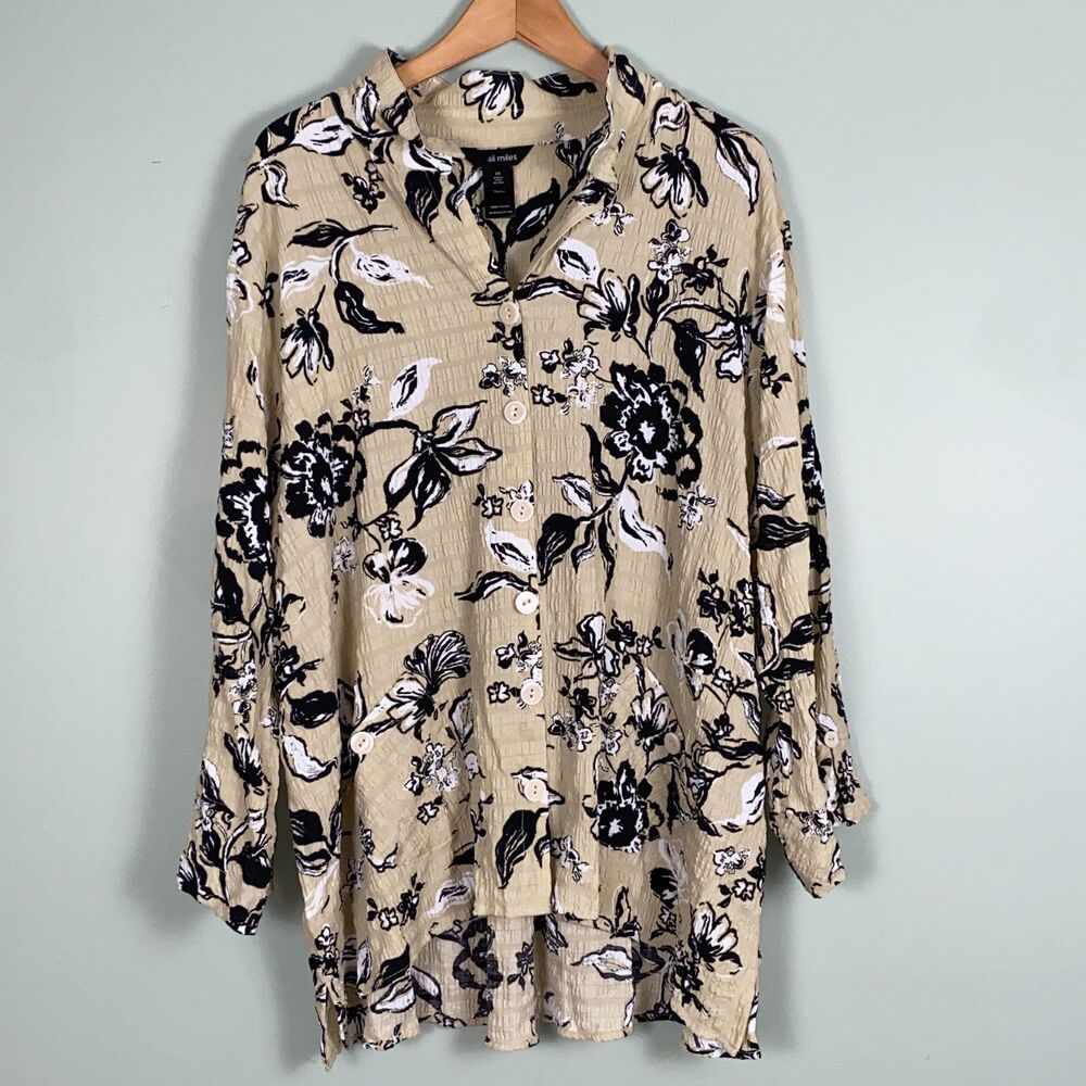 Ali Miles Crinkle Woven Floral Tunic Top 3/4 Sleeve Womens 2X Boho Artsy
